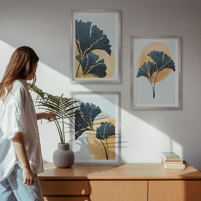 Bilder-3er-set mit rahmen Ginkgoblätter, heller Hintergrund