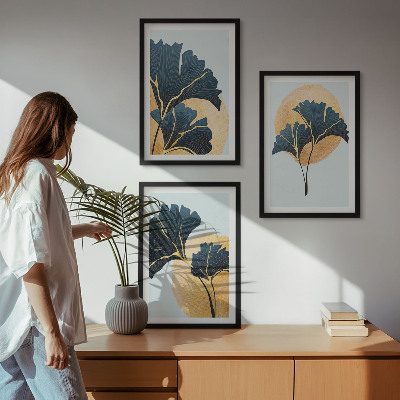 Bilder-3er-set mit rahmen Ginkgoblätter, heller Hintergrund