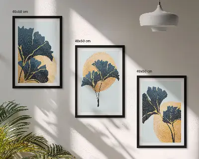 3er-Set Wandbilder mit Rahmen Ginkgoblätter auf hellem Hintergrund