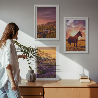 Gerahmtes bilderset Berglandschaft mit einem Pferd
