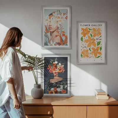 Bilder-3er-set mit rahmen Blumenporträts mit Blumensträußen