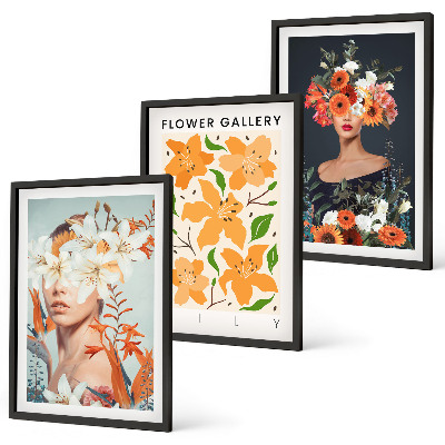 Bilder-3er-set mit rahmen Blumenporträts mit Blumensträußen