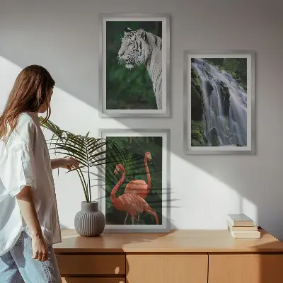 3er-Set Bilder mit Rahmen mit Motiven von Tiger, Wasserfall und Flamingos in der Natur
