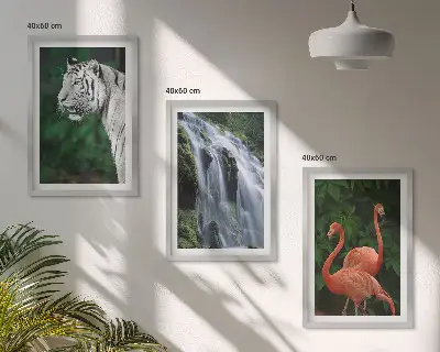 3er-Set Bilder mit Rahmen mit Motiven von Tiger, Wasserfall und Flamingos in der Natur