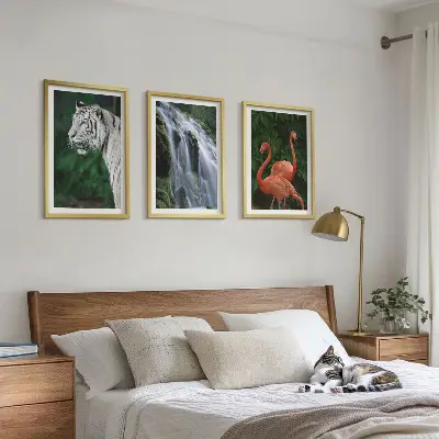 3er-Set Bilder mit Rahmen mit Motiven von Tiger, Wasserfall und Flamingos in der Natur