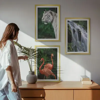 3er-Set Bilder mit Rahmen mit Motiven von Tiger, Wasserfall und Flamingos in der Natur