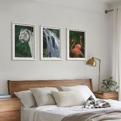 3er-Set Bilder mit Rahmen mit Motiven von Tiger, Wasserfall und Flamingos in der Natur