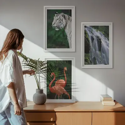 3er-Set Bilder mit Rahmen mit Motiven von Tiger, Wasserfall und Flamingos in der Natur