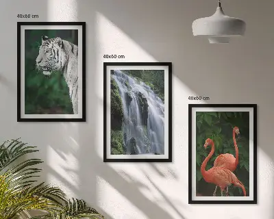 3er-Set Bilder mit Rahmen mit Motiven von Tiger, Wasserfall und Flamingos in der Natur