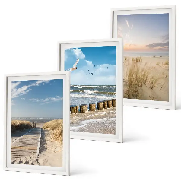 Wandbilder-Set mit Rahmen drei Motive mit Strand Sand Wellen Himmel und Vögeln