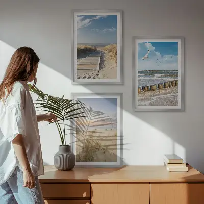 Wandbilder-Set mit Rahmen drei Motive mit Strand Sand Wellen Himmel und Vögeln