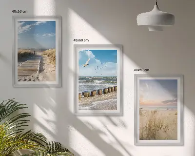 Wandbilder-Set mit Rahmen drei Motive mit Strand Sand Wellen Himmel und Vögeln