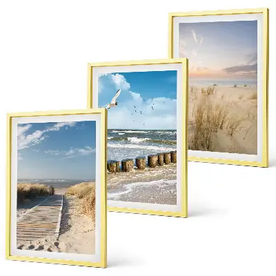 Wandbilder-Set mit Rahmen drei Motive mit Strand Sand Wellen Himmel und Vögeln