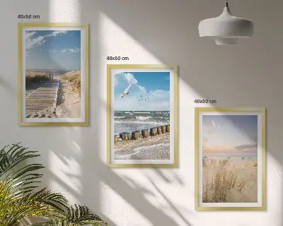 Wandbilder-Set mit Rahmen drei Motive mit Strand Sand Wellen Himmel und Vögeln