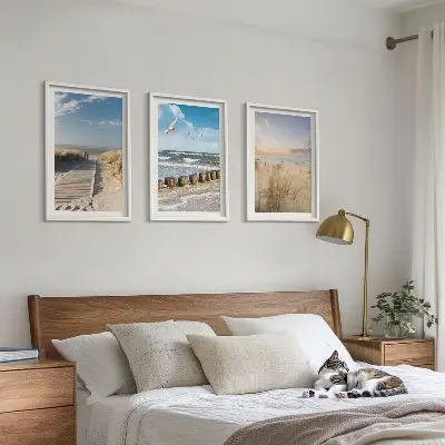 Wandbilder-Set mit Rahmen drei Motive mit Strand Sand Wellen Himmel und Vögeln