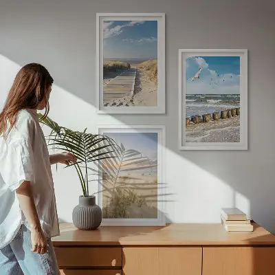 Wandbilder-Set mit Rahmen drei Motive mit Strand Sand Wellen Himmel und Vögeln