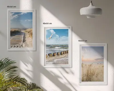 Wandbilder-Set mit Rahmen drei Motive mit Strand Sand Wellen Himmel und Vögeln