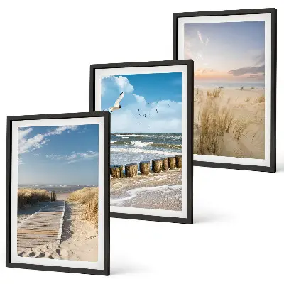 Wandbilder-Set mit Rahmen drei Motive mit Strand Sand Wellen Himmel und Vögeln