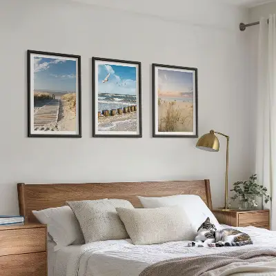 Wandbilder-Set mit Rahmen drei Motive mit Strand Sand Wellen Himmel und Vögeln