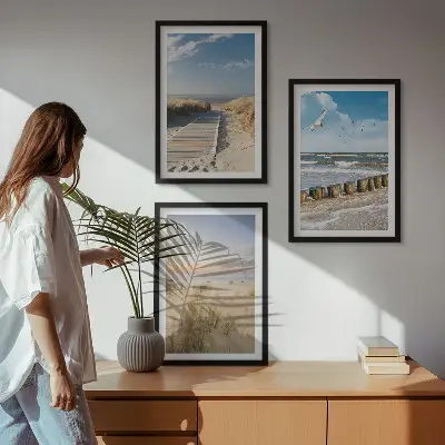 Wandbilder-Set mit Rahmen drei Motive mit Strand Sand Wellen Himmel und Vögeln
