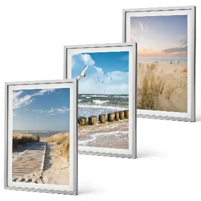 Wandbilder-Set mit Rahmen drei Motive mit Strand Sand Wellen Himmel und Vögeln