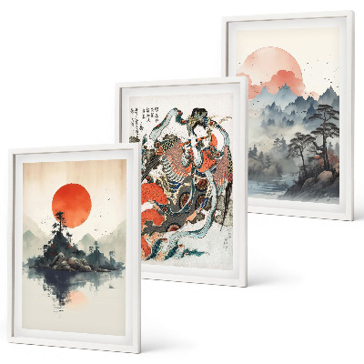 Gerahmtes bilderset Asiatische Japandi-Malereien