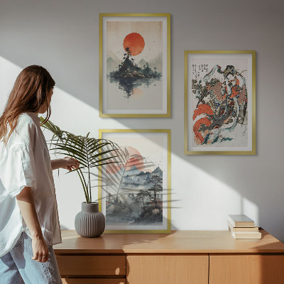 Gerahmtes bilderset Asiatische Japandi-Malereien
