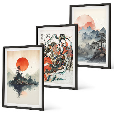 Gerahmtes bilderset Asiatische Japandi-Malereien