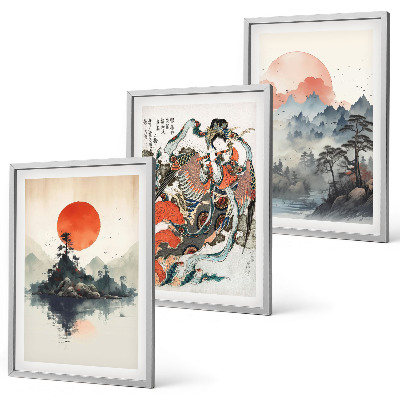 Gerahmtes bilderset Asiatische Japandi-Malereien