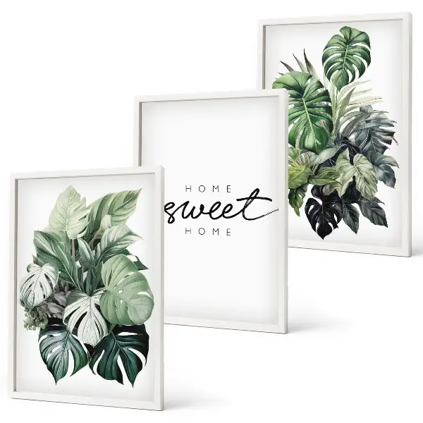 3er-Set Wandbilder mit Rahmen Pflanzenmotiv mit der Aufschrift Sweet Home