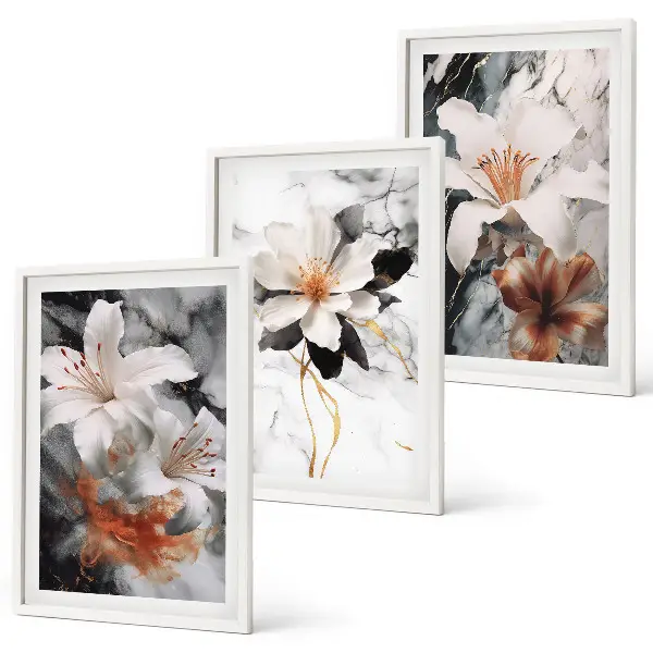 3er-Set Wandbilder mit Rahmen Motiv Blumen Marmor in Schwarz und Weiß