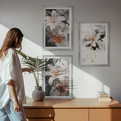 3er-Set Wandbilder mit Rahmen Motiv Blumen Marmor in Schwarz und Weiß