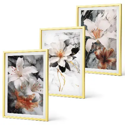 3er-Set Wandbilder mit Rahmen Motiv Blumen Marmor in Schwarz und Weiß