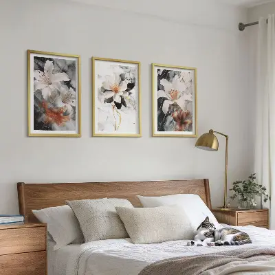 3er-Set Wandbilder mit Rahmen Motiv Blumen Marmor in Schwarz und Weiß