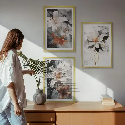 3er-Set Wandbilder mit Rahmen Motiv Blumen Marmor in Schwarz und Weiß