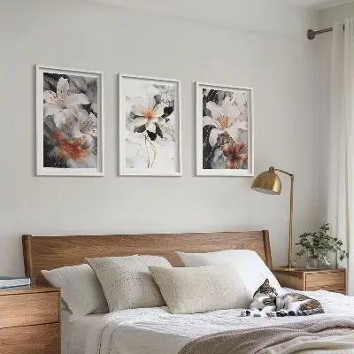 3er-Set Wandbilder mit Rahmen Motiv Blumen Marmor in Schwarz und Weiß