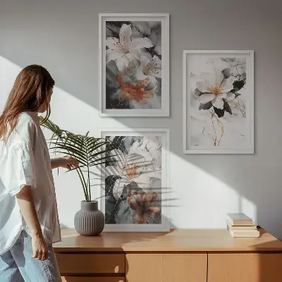 3er-Set Wandbilder mit Rahmen Motiv Blumen Marmor in Schwarz und Weiß