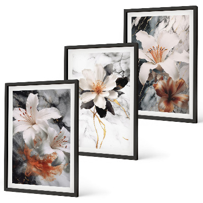 Bilder-3er-set mit rahmen Blumen Marmor weiß schwarz