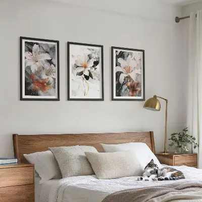 3er-Set Wandbilder mit Rahmen Motiv Blumen Marmor in Schwarz und Weiß