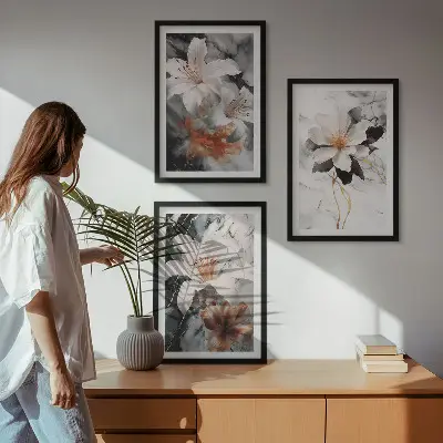 3er-Set Wandbilder mit Rahmen Motiv Blumen Marmor in Schwarz und Weiß