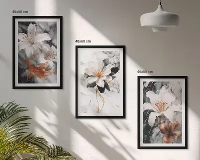 3er-Set Wandbilder mit Rahmen Motiv Blumen Marmor in Schwarz und Weiß