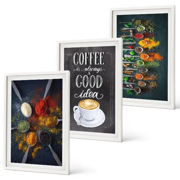 Gerahmtes Bilderset mit Motiven von Gewürzen Kaffee Kräutern und Mustern