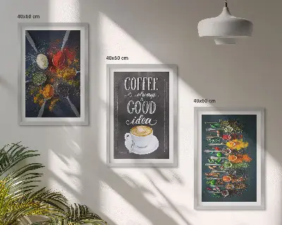 Gerahmtes Bilderset mit Motiven von Gewürzen Kaffee Kräutern und Mustern