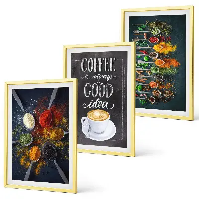 Gerahmtes Bilderset mit Motiven von Gewürzen Kaffee Kräutern und Mustern