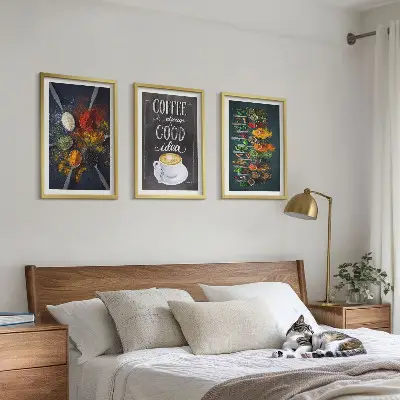 Gerahmtes Bilderset mit Motiven von Gewürzen Kaffee Kräutern und Mustern