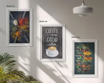 Gerahmtes Bilderset mit Motiven von Gewürzen Kaffee Kräutern und Mustern