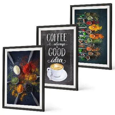 Gerahmtes Bilderset mit Motiven von Gewürzen Kaffee Kräutern und Mustern
