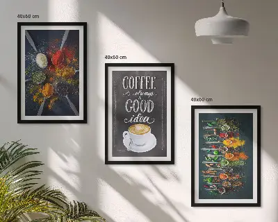 Gerahmtes Bilderset mit Motiven von Gewürzen Kaffee Kräutern und Mustern