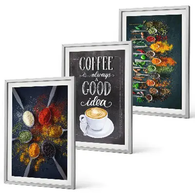 Gerahmtes Bilderset mit Motiven von Gewürzen Kaffee Kräutern und Mustern