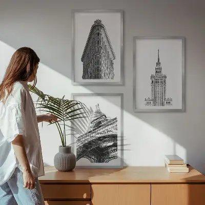 Gerahmtes Bilderset architektonische Gebäude in Schwarz-Weiß